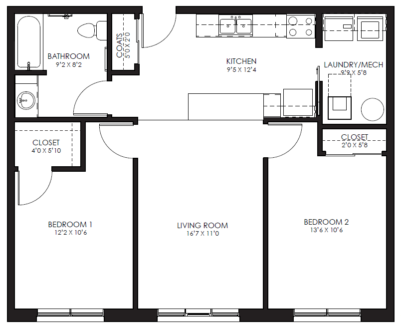 Floor plan for 2 beds, 1 bath, 870 sqft